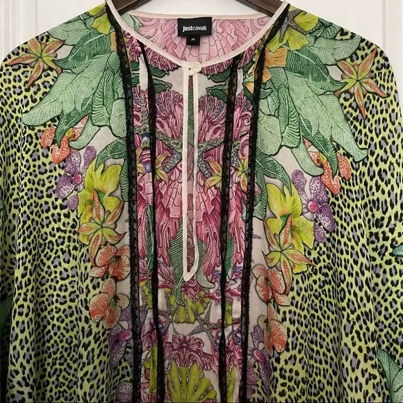 Just Cavalli 1990s Green Pink Multicolored floral Silk Tunic Kaftan Top dress - Picture 5 of 16